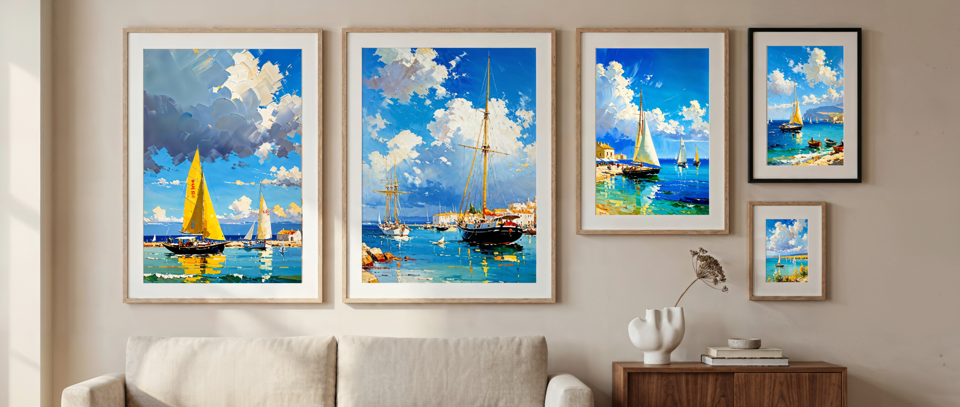Full wall gallery display of framed coastal sailboat artworks above a sofa